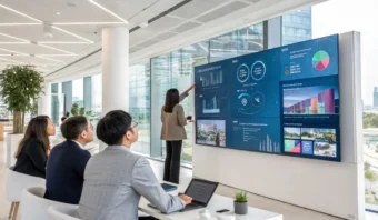 Una mujer presenta datos en una pantalla grande a tres colegas sentados en un entorno de oficina moderno con grandes ventanas.