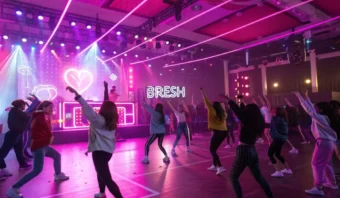 Un grupo de personas baila en una discoteca con luces de neón y letreros de colores, incluyendo uno que dice "BRESH". Un DJ toca música en el escenario bajo luces en forma de corazón.