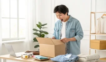 Persona abriendo una caja de cartón con expresión de sorpresa. La escena incluye una laptop, ropa doblada y un espacio de trabajo ordenado con luz natural.