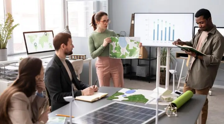 En una sala de reuniones, las personas discuten mapas y gráficos con un enfoque en el consumo responsable. Una mujer sostiene un mapa mientras un hombre toma notas diligentemente, asegurándose de que sus planes se alineen con las prácticas sostenibles.