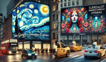 Dos vallas publicitarias en la ciudad al anochecer: la izquierda muestra "Van Gogh Immersive Experience" con "Starry Night"; la derecha muestra "Surrealist Immersive Experience" con un colorido retrato artístico.