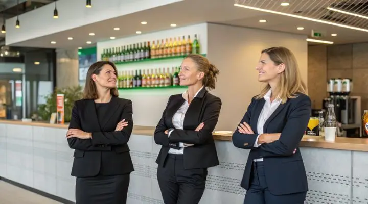Tres mujeres líderes vestidas de negocios están de pie con los brazos cruzados, sonriéndose unas a otras, frente a un bar con botellas en los estantes.