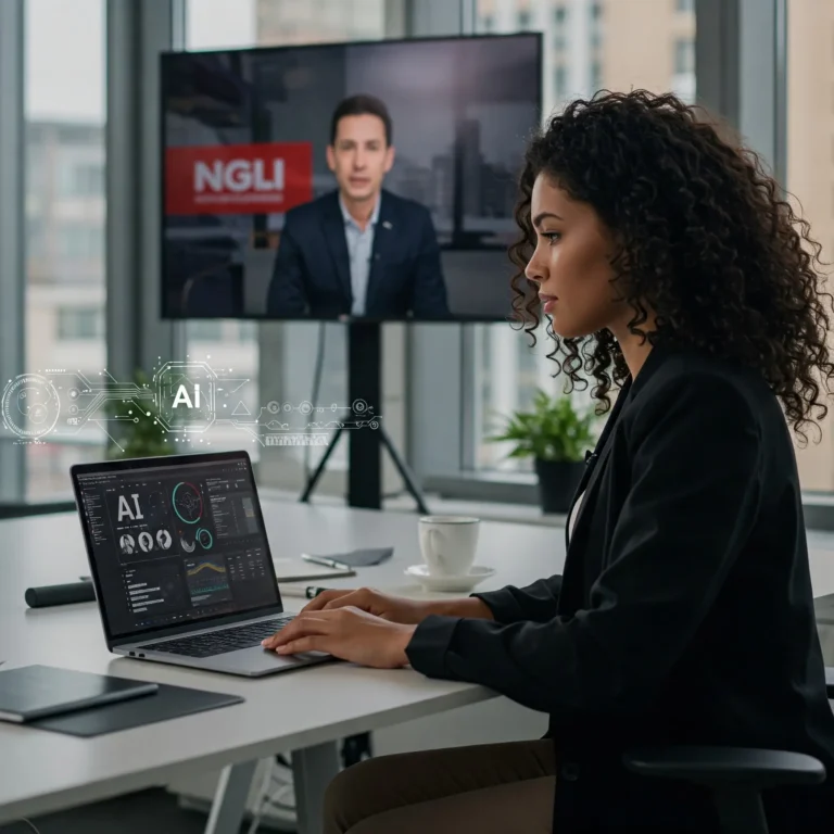 Una mujer trabaja en una computadora portátil que muestra datos de IA en una oficina, mientras un hombre habla en una videollamada que se muestra en una pantalla grande en el fondo.