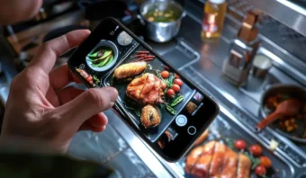 Una persona toma una foto de un plato cocinado con un teléfono. El plato incluye pollo asado, verduras y especias en una bandeja. Se ven utensilios e ingredientes de cocina al fondo.