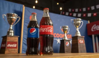 Sobre una mesa se exhiben dos botellas de refresco, una de Pepsi y otra de Coca-Cola. Se ven trofeos y pancartas al fondo borroso.