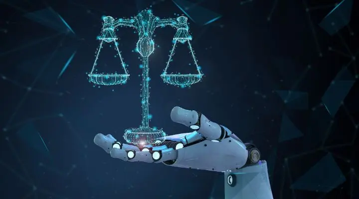 Una mano robótica sostiene una balanza de justicia digital brillante sobre un fondo oscuro, simbolizando la intersección de la tecnología, la ley y la inteligencia artificial.