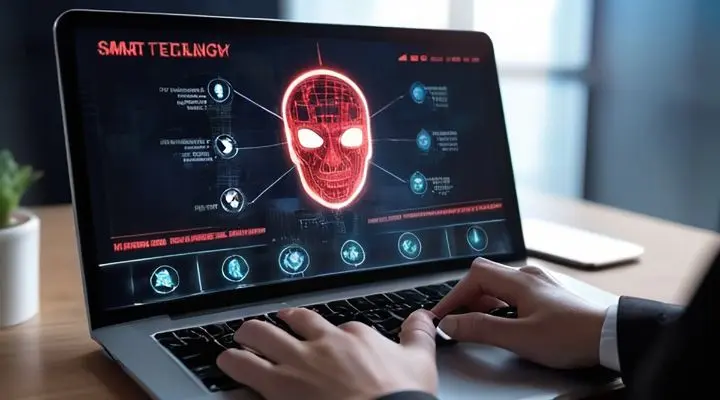 Una persona escribe en una computadora portátil que muestra una calavera roja digital con datos analíticos e íconos, lo que sugiere amenazas a la ciberseguridad como piratería, análisis forense digital o fraudes con Inteligencia Artificial.