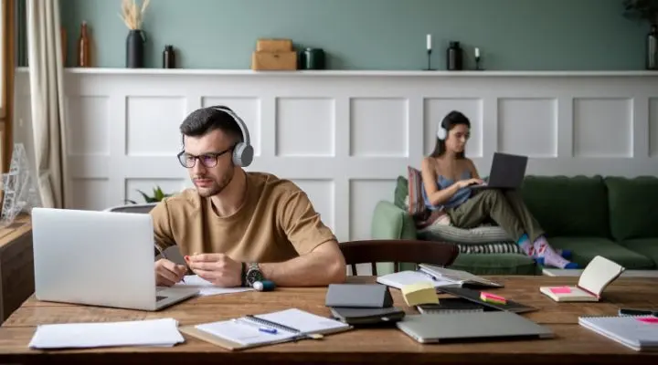Un hombre que usa auriculares trabaja en un escritorio con una computadora portátil y papeles, aplicando el pensamiento de diseño, mientras una mujer se sienta en un sofá en el fondo usando su computadora portátil; ambos contribuyen a equipos de trabajo eficientes con innovación