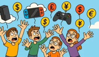 Cuatro personas se acercan a globos flotantes con símbolos de moneda, consolas de juegos y "precios en los videojuegos" sobre ellos, expresando sorpresa o frustración.