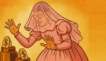 Una persona ilustrada con un vestido rosa y el velo retrocede ante fajos de dinero marcados con signos de dólar en lápidas, sobre un fondo naranja, capturando el impacto de "El velo de los precios" en las decisiones de la vida.