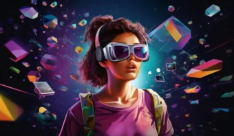 Un joven que lleva gafas de realidad virtual y una mochila se encuentra rodeado de formas geométricas flotantes y elementos digitales, encarnando la creatividad sobre un fondo oscuro y colorido.
