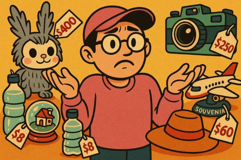 Una persona se encoge de hombros rodeada de recuerdos demasiado caros (un peluche, una cámara, un avión, sombreros, agua embotellada y una bola de nieve), todos con etiquetas de precios altos en lugar de un precio justo.