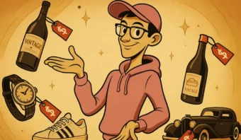 Ilustración de una persona sonriente con gafas y una sudadera con capucha, rodeada de un reloj vintage, botellas de vino, una zapatilla deportiva y un coche clásico, todo etiquetado para resaltar el precio justo.