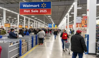 Los compradores con carritos caminan por una tienda Walmart bien iluminada durante el evento Hot Sale 2025. Un gran cartel de Hot Sale 2025 de Walmart cuelga del techo y los estantes están repletos de diversos productos.