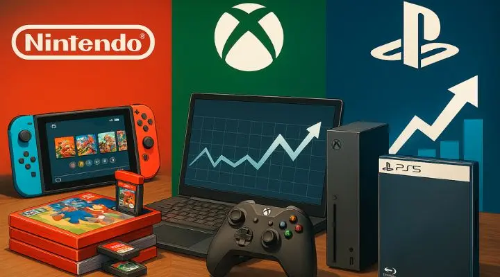 Se muestran una Nintendo Switch, una consola y un controlador Xbox, una consola PS5, cartuchos de juegos retro en formato físico y una computadora portátil con tablas de crecimiento sobre fondos de Nintendo, Xbox y PlayStation.