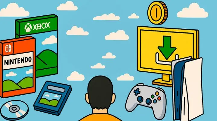 Ilustración de una persona frente a varios elementos de juego, incluidas cajas de juegos de Xbox y Nintendo, un disco de juego, un cartucho, un controlador, una moneda y un monitor con un símbolo de descarga.