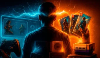 Una persona sostiene tarjetas de juego y controladores, rodeada de iluminación azul y naranja, con escenas de videojuegos, consolas retro y colecciones de formato físico en el fondo.