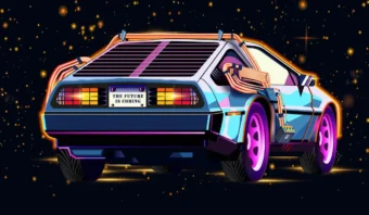 Una ilustración estilizada de un automóvil DeLorean con luces brillantes y una matrícula que dice “EL FUTURO ESTÁ LLEGANDO”, adelantándonos a nuevas épocas contra un fondo estrellado y futurista.