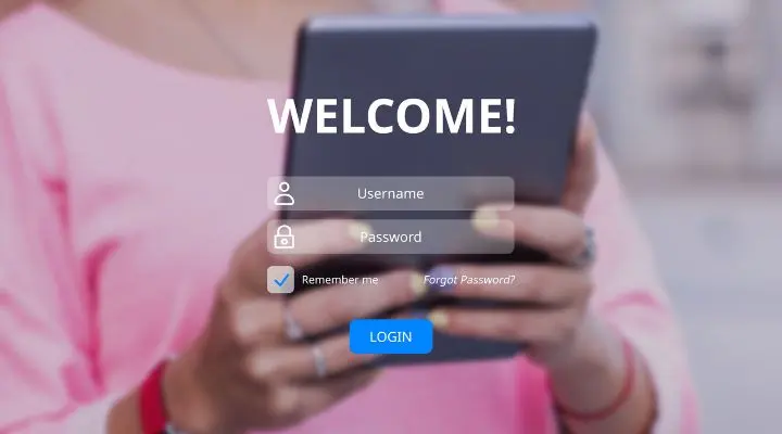 Una persona que sostiene una tableta con una pantalla de inicio de sesión, lista para explorar LinkedIn para conseguir empleo, con campos de nombre de usuario y contraseña, texto de "¡Bienvenido!" y un botón azul "Iniciar sesión".