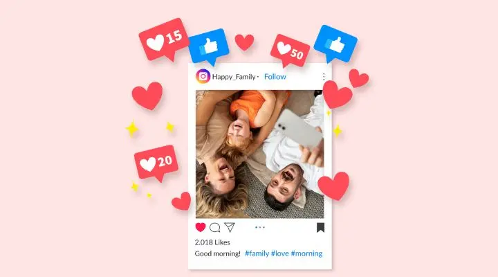Una familia yace en el suelo tomándose una selfie, rodeada de “me gusta” ilustrados en redes sociales, corazones, íconos de comentarios y el zumbido de la hashtagización de la comunicación.