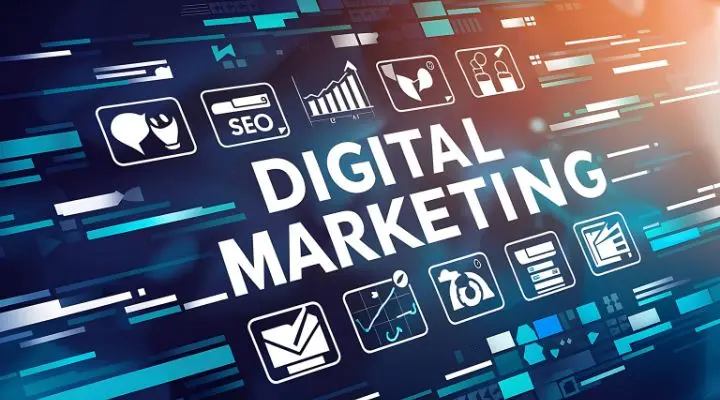 La frase “Netas del Marketing digital” rodeada de íconos de SEO, análisis, redes sociales, correo electrónico y marketing móvil sobre un fondo azul con temática tecnológica, perfecto para ilustrar las redes del marketing digital.