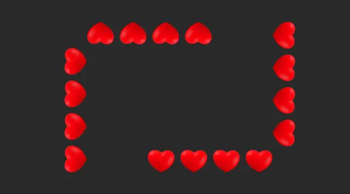 San Valentín está bellamente simbolizado por emojis de corazones rojos dispuestos para delinear un rectángulo sobre un fondo negro.