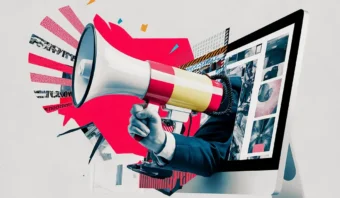 Una mano que sostiene un megáfono emerge de la pantalla de una computadora, rodeada de formas abstractas e imágenes digitales, una ilustración que cuestiona por qué la publicidad es una farsa en la actualidad.