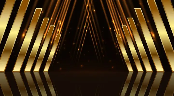 Rayos y líneas doradas sobre un fondo oscuro crean un patrón simétrico y futurista que recuerda a los relojes de lujo, con una superficie reflectante similar a la elegancia de los diseños de Rolex de premios Oscar
