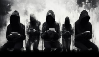 Un grupo de personas con capuchas negras sentadas en un banco, discutiendo sobre las elecciones en las redes sociales hablando de racismo.