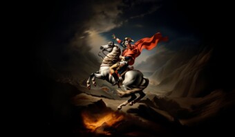 Un hombre a caballo sobre un fondo oscuro.
