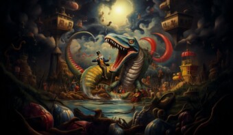 Una pintura monstruosa de un dinosaurio en el cielo nocturno.