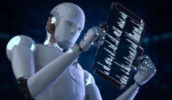 Un robot humanoide examina una pantalla digital que muestra datos complejos generados por IA generativa en un entorno oscuro y futurista.