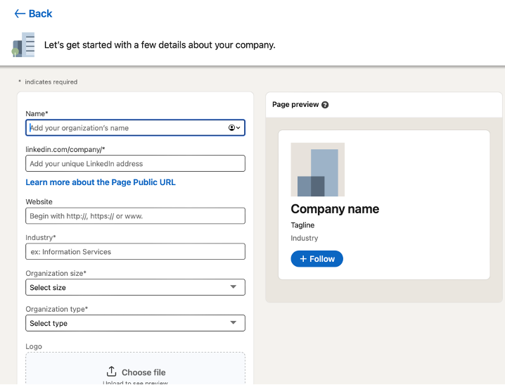 Un formulario para ingresar detalles de la empresa en LinkedIn, incluido el nombre, el sitio web, la industria, el tipo de organización y el logotipo, con una vista previa de la página de la empresa.