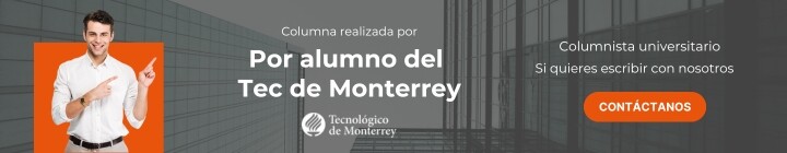 Un hombre con una camisa naranja señala un texto que promociona una columna universitaria sobre arquitectura, escrita por un estudiante del Tec de Monterrey, con un botón de contacto a la derecha.