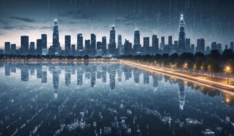 El horizonte de una ciudad se refleja en una masa de agua tranquila bajo un cielo nublado y lluvioso. La escena está iluminada por farolas a lo largo de un sendero arbolado.
