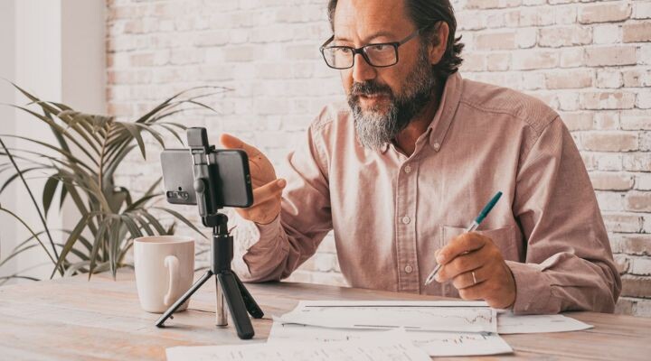 Un hombre independiente con gafas se sienta en un escritorio con papeles, un bolígrafo y una taza, hablando con un teléfono inteligente montado en un trípode frente a él.