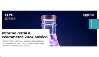 Portada de un informe titulado "Informe retail & ecommerce 2024 México" de LLYC Ideas y Appinio, que presenta una botella con líquido azul y una etiqueta de julio de 2024 a la derecha, destacando conocimientos relevantes para la generación Z.