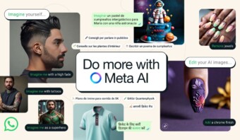 Collage que destaca las diversas funciones de edición de Meta AI, incluidos cambios en el cabello, la ropa y los diseños de uñas, además de agregar texto y objetos a las imágenes. Incluye modificaciones de imagen y texto impulsadas por Meta AI.
