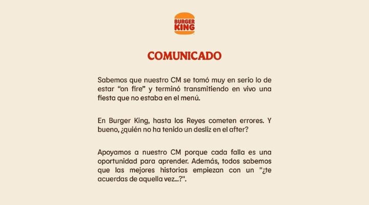 Una declaración de Burger King en español utiliza comunicación de crisis para abordar el error de su administrador de redes sociales, señalando que los errores ocurren y expresando apoyo a su equipo.