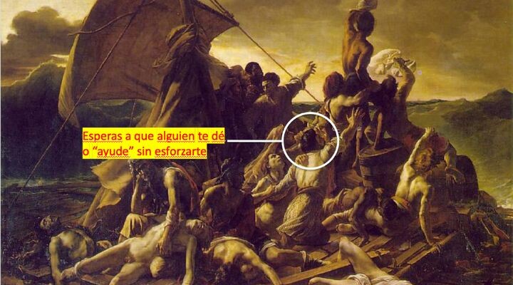 Pintura inspirada en "La balsa de la Medusa", que muestra a supervivientes de un naufragio en una balsa, muchos desesperados o sin vida. El texto en español superpuesto enfatiza el liderazgo, instando a la acción en lugar de esperar impotentes el rescate.