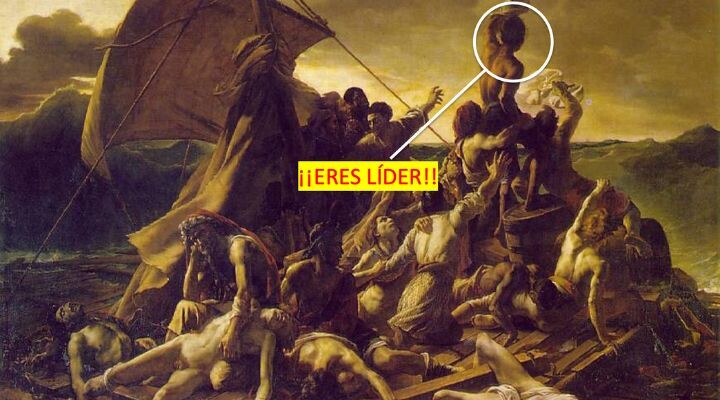 Pintura de sobrevivientes de un naufragio en una balsa, inspirada en "La balsa de la Medusa", con una persona circulada y resaltada por el texto “¡ERES LÍDER!” en amarillo y rojo, enfatizando el liderazgo en medio de la adversidad.
