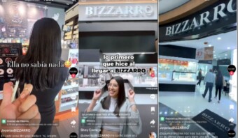 Collage de una mujer afuera y dentro de una tienda Bizzarro, con texto en español y varios elementos de redes sociales visibles.