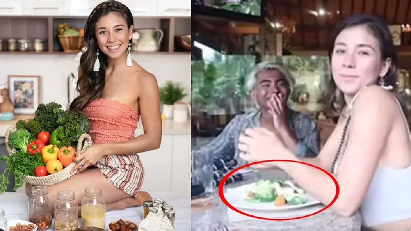 Dos imágenes una al lado de la otra: a la izquierda, una mujer está de pie con su cosecha de verduras como una superheroína de la vida saludable; a la derecha, está cenando en un restaurante con un acompañante, ambos disfrutando de platos cuidadosamente elegidos, uno de ellos marcado con un círculo para enfatizar.