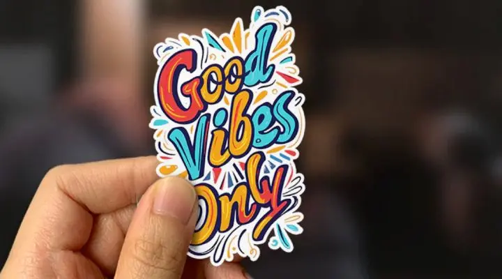 La mano de una persona sostiene una pegatina colorida con el texto "Solo buenas vibraciones".