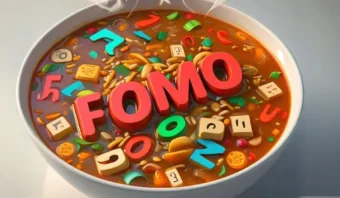 Un plato de sopa de letras con letras y números vibrantes. Justo en el centro, las letras forman la palabra "FOMO" en un llamativo texto rojo tridimensional.
