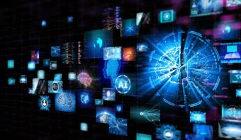 Collage digital de imágenes de inteligencia artificial, que presenta redes neuronales, cerebros humanos, interfaces digitales e íconos de IA mostrados en pantallas iluminadas.