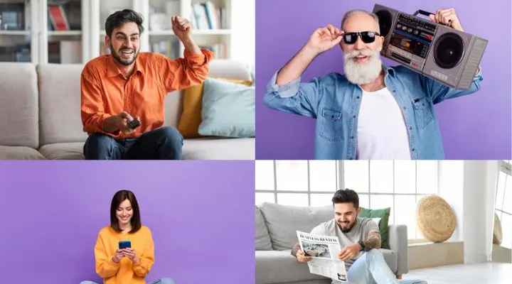 Un collage de cuatro personas captura audiencias generacionales: un hombre animando en un sofá, otro con gafas de sol sosteniendo un equipo de música, una mujer usando su teléfono y un hombre leyendo un periódico en el mismo sofá.
