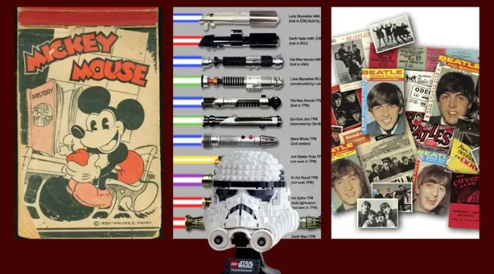 Una colección de productos merch que incluye un cómic de Mickey Mouse, impresionantes réplicas de sables de luz de Star Wars y un casco de Stormtrooper, junto con preciados recuerdos de los Beatles con revistas y fotografías.