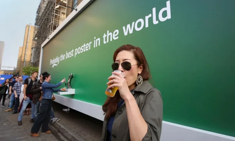 Una mujer con gafas de sol disfruta de una cerveza junto a un gran cartel verde que dice "Probablemente el mejor cartel del mundo", un ejemplo de marketing experiencial. Al fondo, la gente hace cola ansiosamente, atraída por la experiencia única.