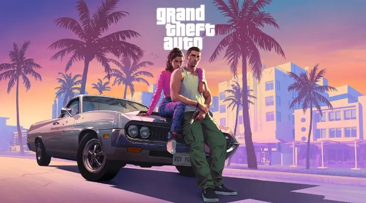 Dos personas se apoyan en un coche clásico bajo unas palmeras con el atardecer de fondo. El logo de "Grand Theft Auto" está encima.